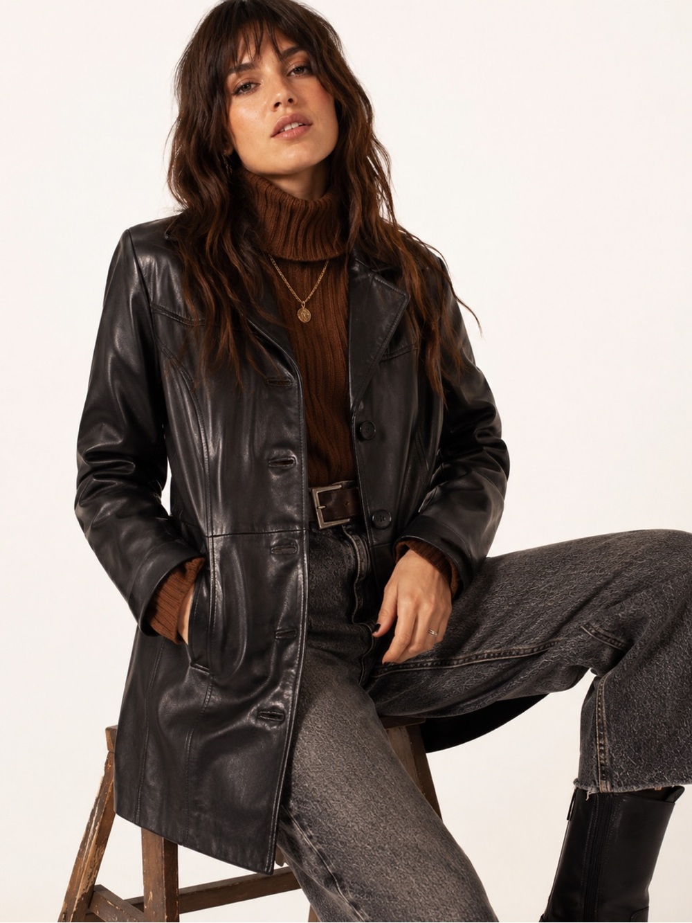 Nine West Vintage Long Leather Coat | Black | Size Medium